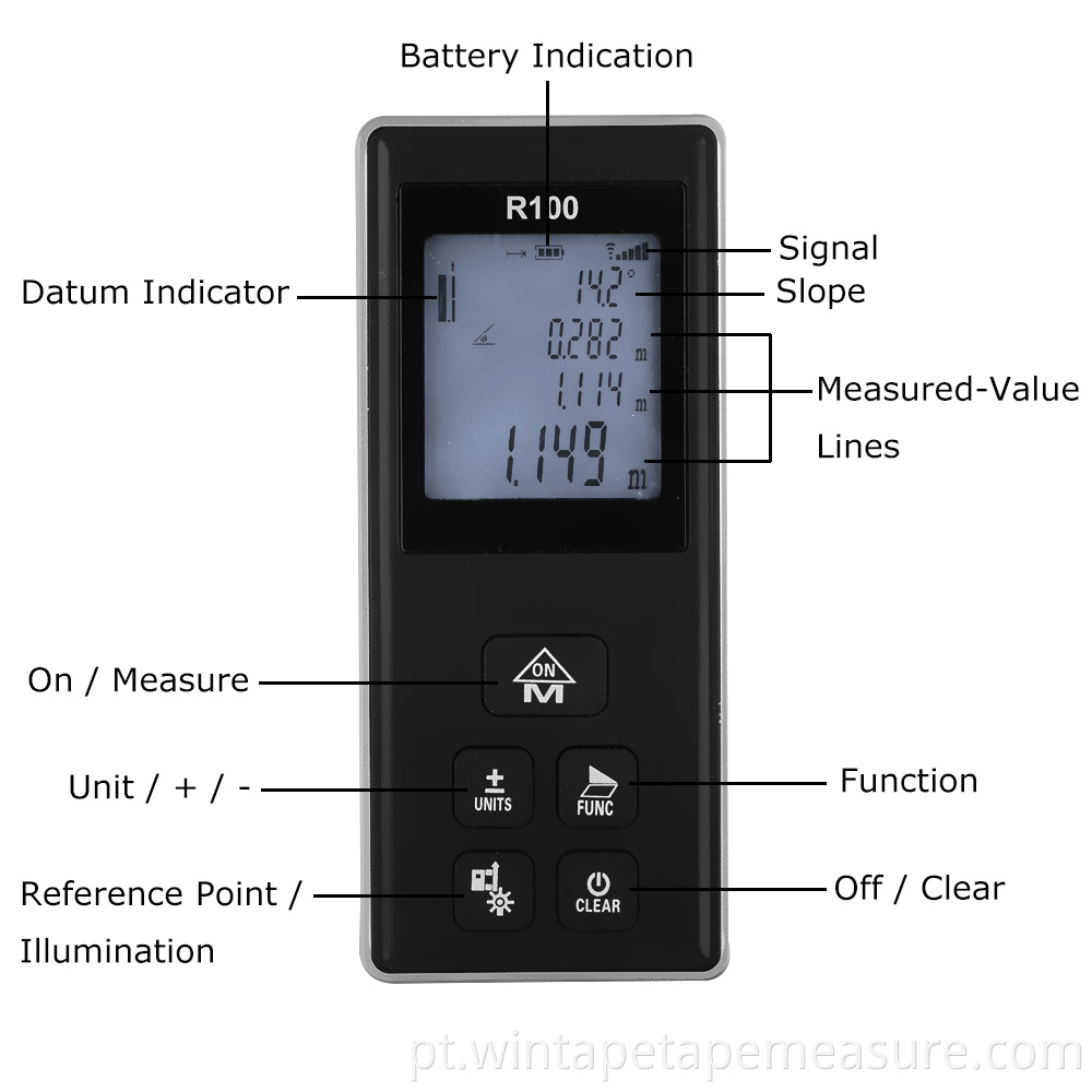 Medidor de fita digital 100 m Ranger Ferramenta de medição de distância Medição a laser Medidor de distância a laser Range Finder +/- 1,5 mm 0,1-3 S R100